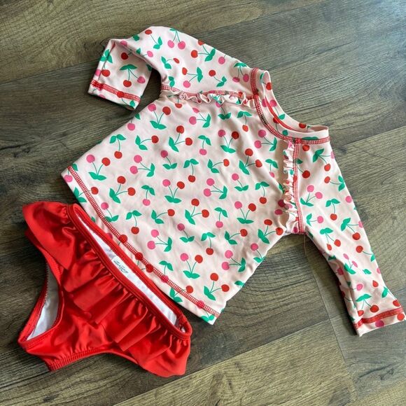 Starting Out Cherry Print 2 piece swimsuit Rashgaurd & ruffle bottom see INFO - Picture 1 of 8